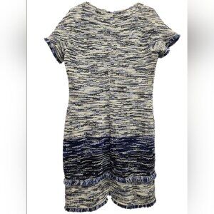 St. John $1295 Short-sleeve Multi-tweed Dress With Fringe In Blue, Size 8